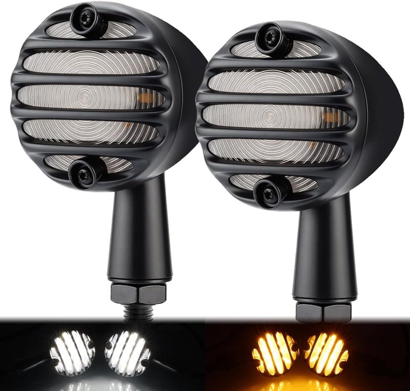 TSUNG Universal Grille Motorcycle LED Turn Signals Lights Front Rear Blinkers Tail Lights for Cruiser Chopper Bobber Cafe Racer Street Bike (Black-White&Amber) - Image 1